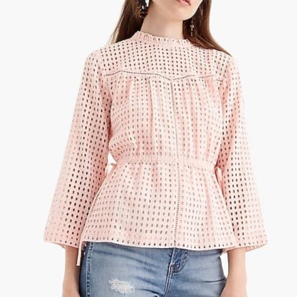 J. Crew Point Sur Eyelet Lace Peasant Ruffle Top Blouse Subtle Pink  Siz…